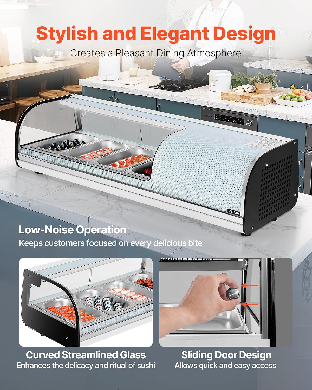 VEVOR Sushi Display Case Refrigerator, 1.5 Cu.ft Commercial Sushi Case, 4-Pan Countertop Showcase with Curved Glass, LED Lighting, and Digital Temperature Control, for Sushi-Bar, Restaurant, Store