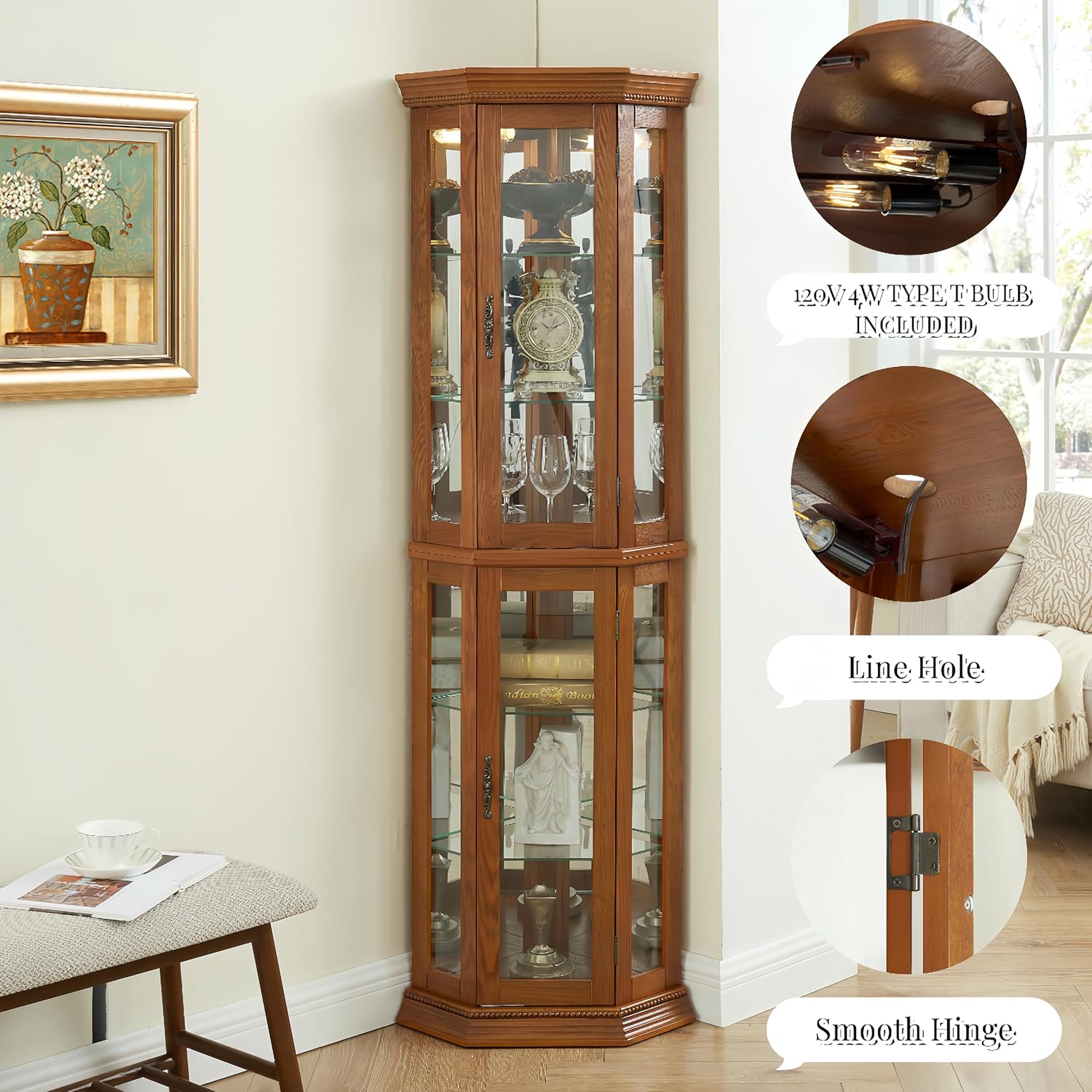Ball & Cast 70' H Lighted Corner Curio Cabinet, Glass Display Cabinet with 6 Tempered Adjustable Glass Shelves and Doors,Include Light Bulb, Rack for Living Room,Oak