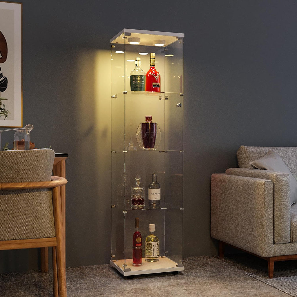FANYUSHOW Display Cabinet with Glass Door and LED Light, 4-Tier Tempered Glass Display Shelf, Glass Curio Cabinet Collection Display Case, Display Case Cabinet, White 64.7' H x 16.7' L x 14.37' W