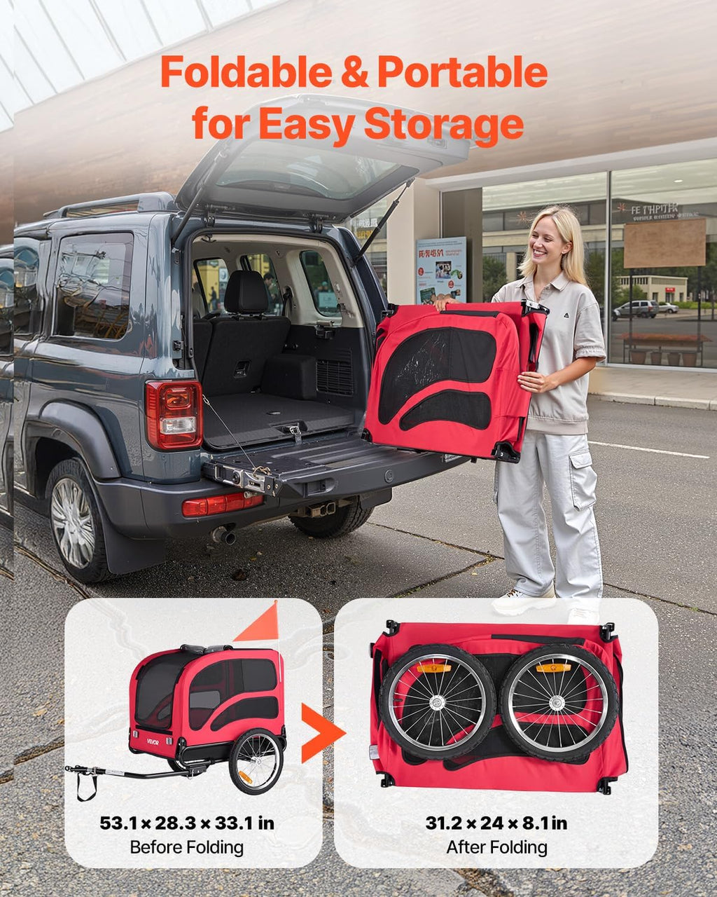 VEVOR Dog Bike Trailer, Supports up to 100 lbs, Pet Cart Bicycle Carrier, Easy Folding Frame with Quick Release Wheels, Universal Bicycle Coupler, Reflectors, Flag, Collapsible to Store