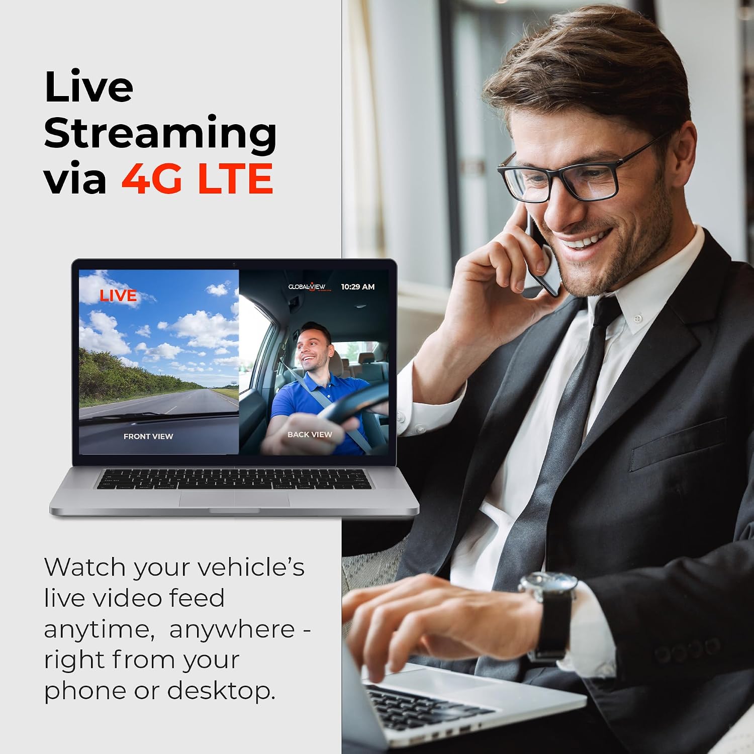 Global View The Eagle Live Streaming Vehicle Dash Cam - 4G LTE, Subscription Required, Dual Front & Cabin Interior Camera - Live Video Streaming Car Camera, GPS Tracking, Geofence Alerts & App Support