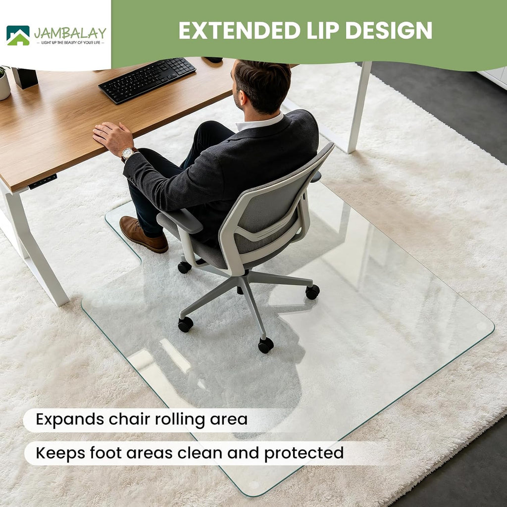 JAMBALAY Irregular Tempered Glass Chair Mat with Lip, 46'x36' Heavy Duty Glass Floor Mat for Carpet/Hard Floors, Carpet Office Chair Mats with Anti-Slip Pads, Thick 0.2″, Clear