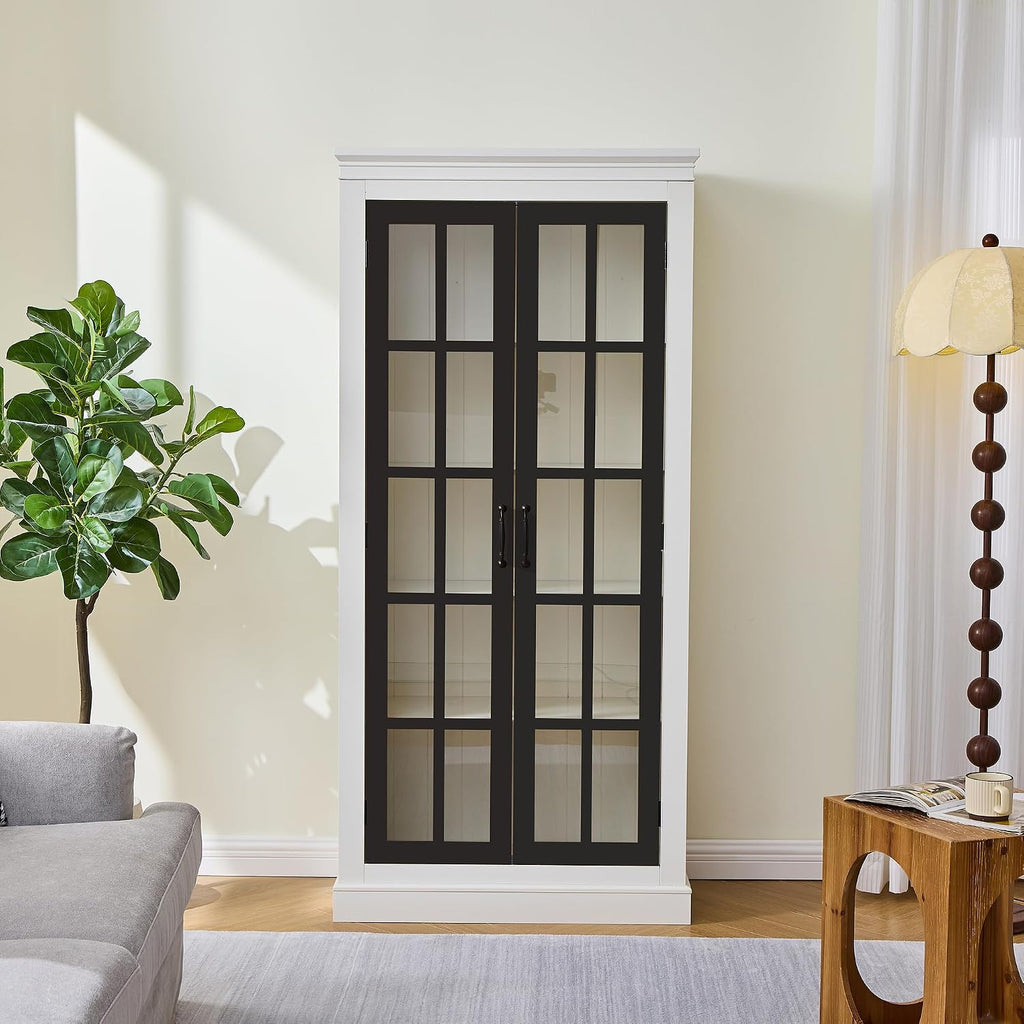 Ball & Cast 71.2' Tall Display Cabinet W/Glass Doors,Curio Cabinet W/Adjustable Shelves&Fixed Shelves for Collectibles,Trophies,Farmhouse Style Cabinets for Hallways,Living Room,Bedroom,White&Black