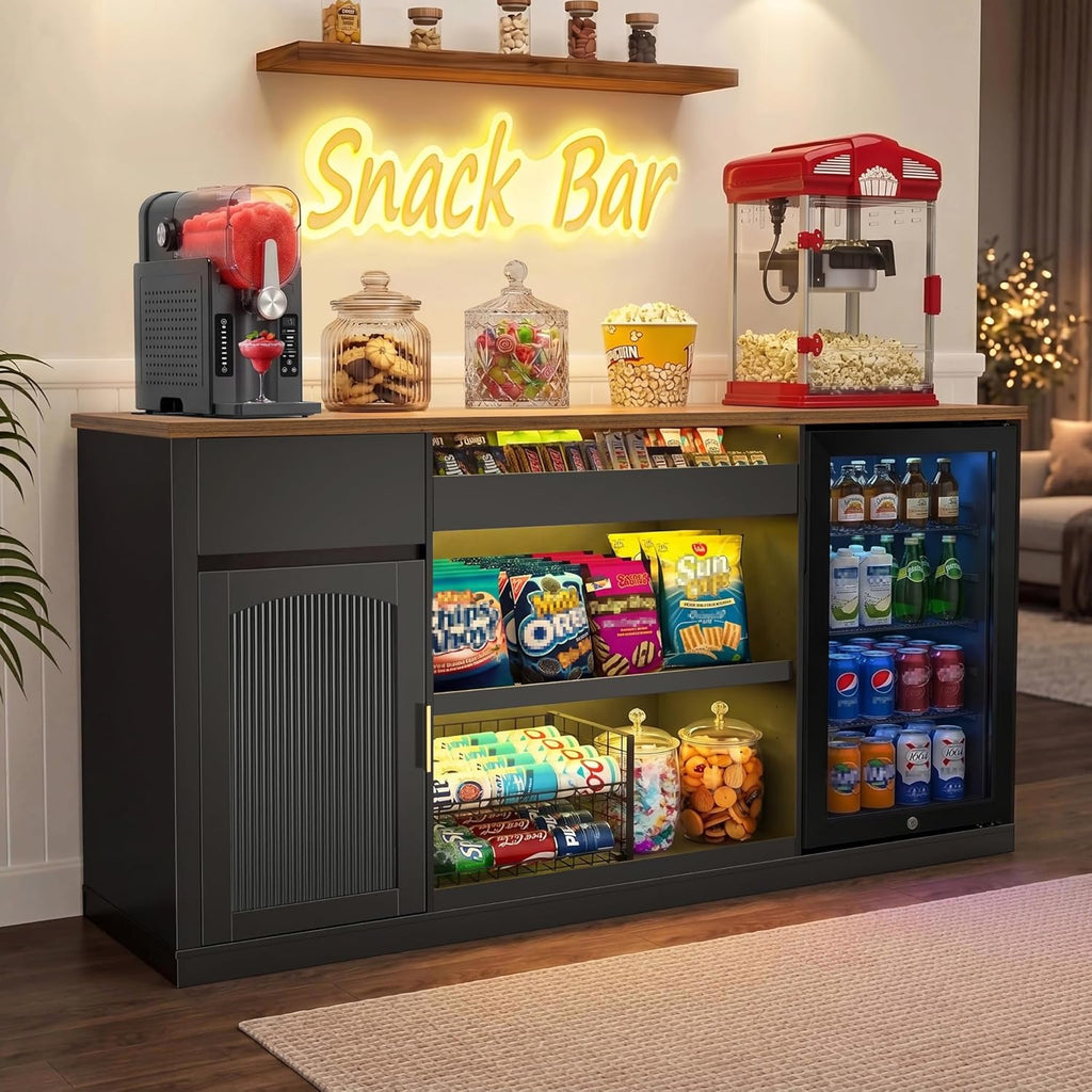 GDLF Snack Bar Cabinet with Fridge Space, 70.1' Snack Organizer with Storage and Candy Display Shelf, Coffee Station for Home Theater or Game Room with LED Lights, Black