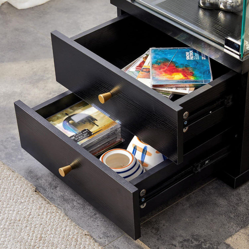 Modern Glass Display Cabinet 3-Shelf Curio Cabinets with 2 Storage Drawers,Tempered Glass Collection Display Showcase for Living Room Home Office,Black
