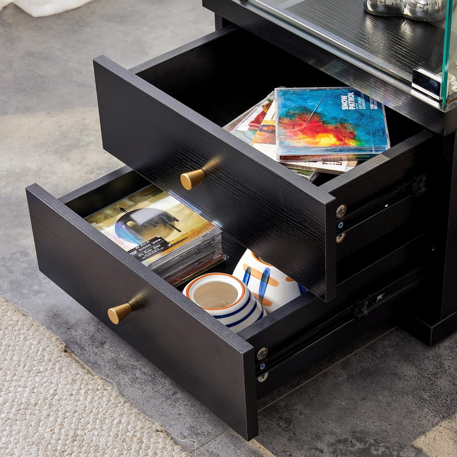 Modern Glass Display Cabinet 3-Shelf Curio Cabinets with 2 Storage Drawers,Tempered Glass Collection Display Showcase for Living Room Home Office,Black