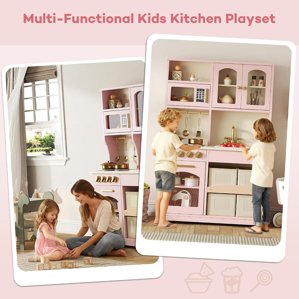 knoworld Play Kitchen for Kids, Wooden Toy Kitchen Set with Smart Storage & Accessories, Toddler Kitchen Playset with Stove & Oven, Pretend Play Set, Gift for Ages 3-8, Pink