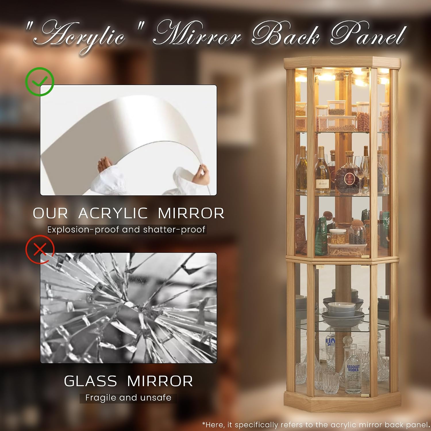 Corner Curio Cabinet, 70' H Lighted Glass Display Cage with Tempered Glass Doors and 5 Adjustable Shelves, Light Bulb Inclued, Wine Bar China Cabinet for Living Room (Light Oak)