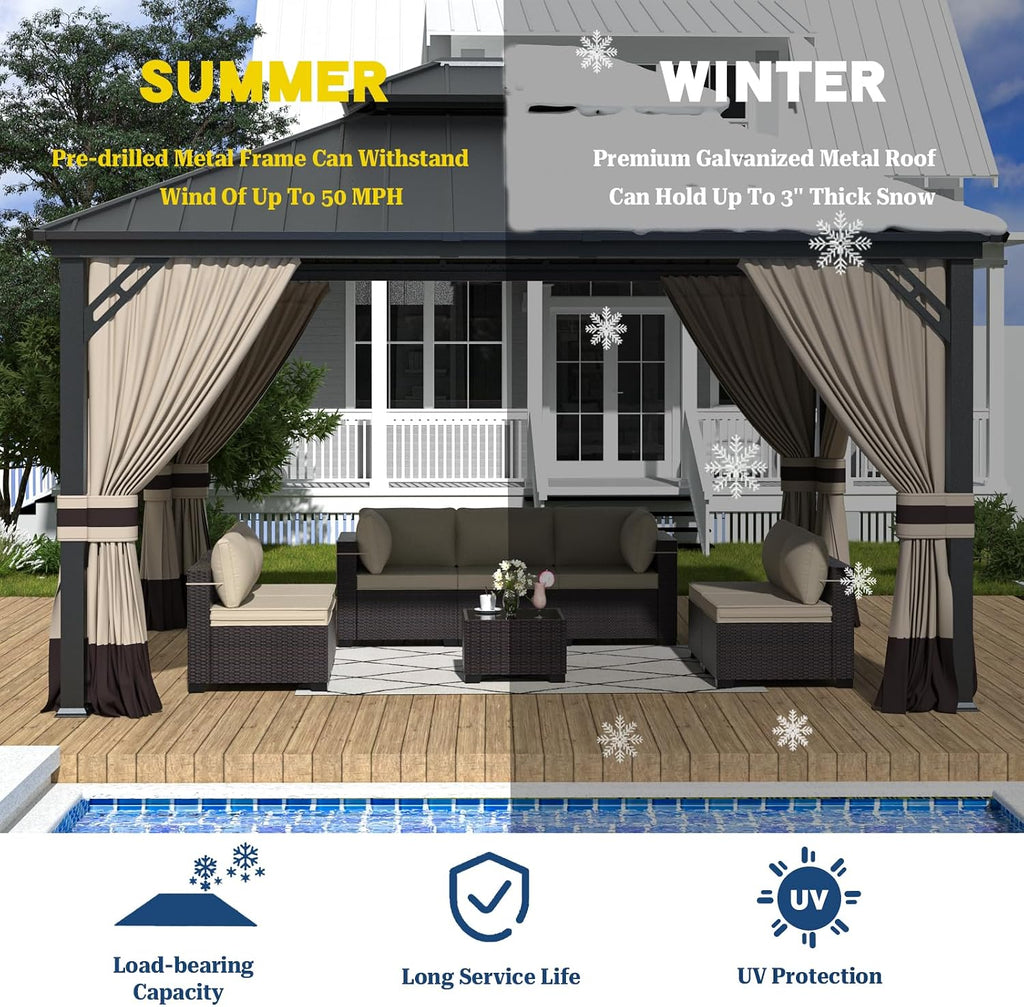 ALAULM 12'x14' Hardtop Gazebo, Outdoor Double Roof Canopy with Netting and Curtains, Galvanized Metal Frame, Sunshade for Patio, Backyard, Deck and Lawns-Sand