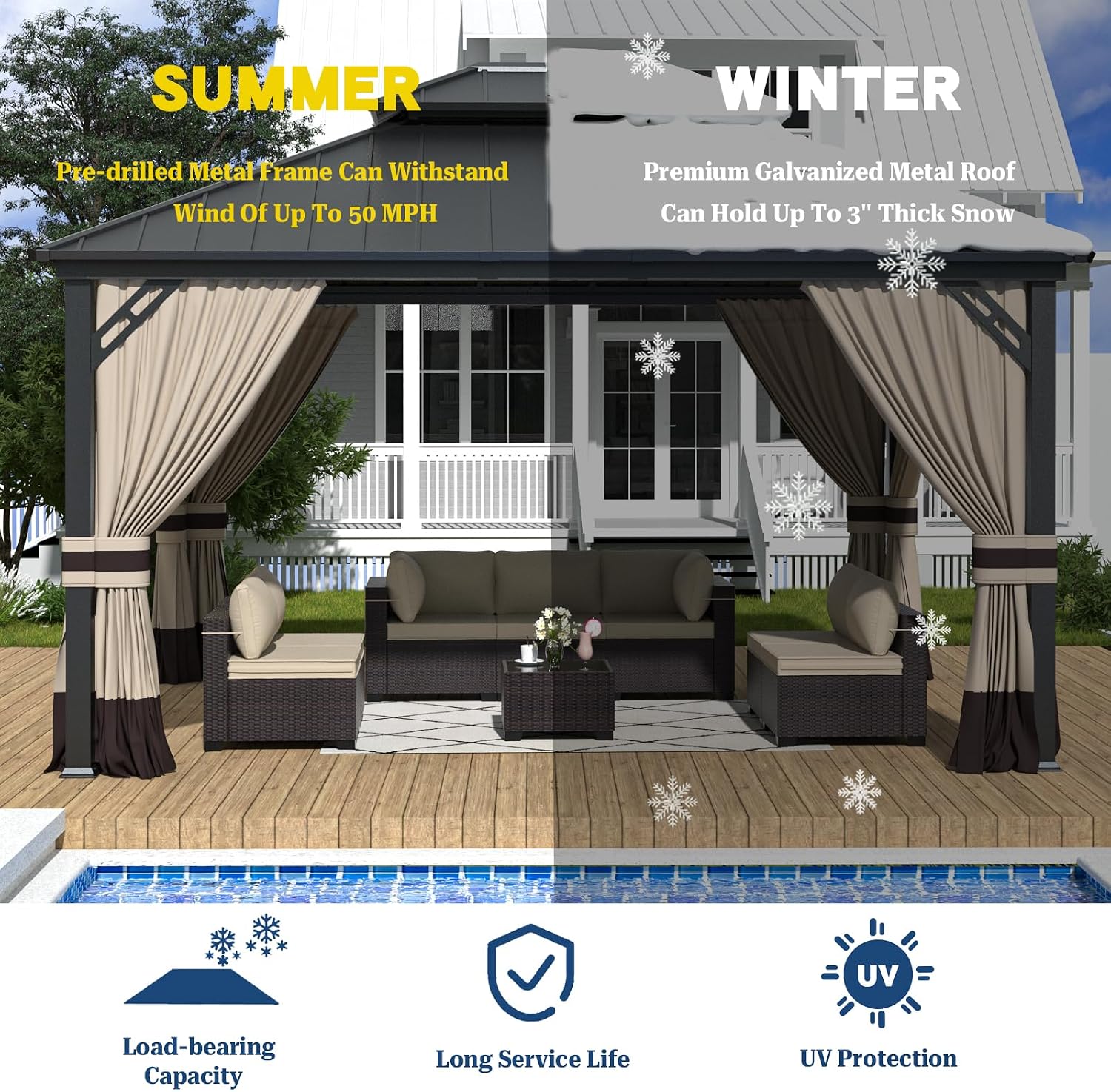 ALAULM 12'x14' Hardtop Gazebo, Outdoor Double Roof Canopy with Netting and Curtains, Galvanized Metal Frame, Sunshade for Patio, Backyard, Deck and Lawns-Sand