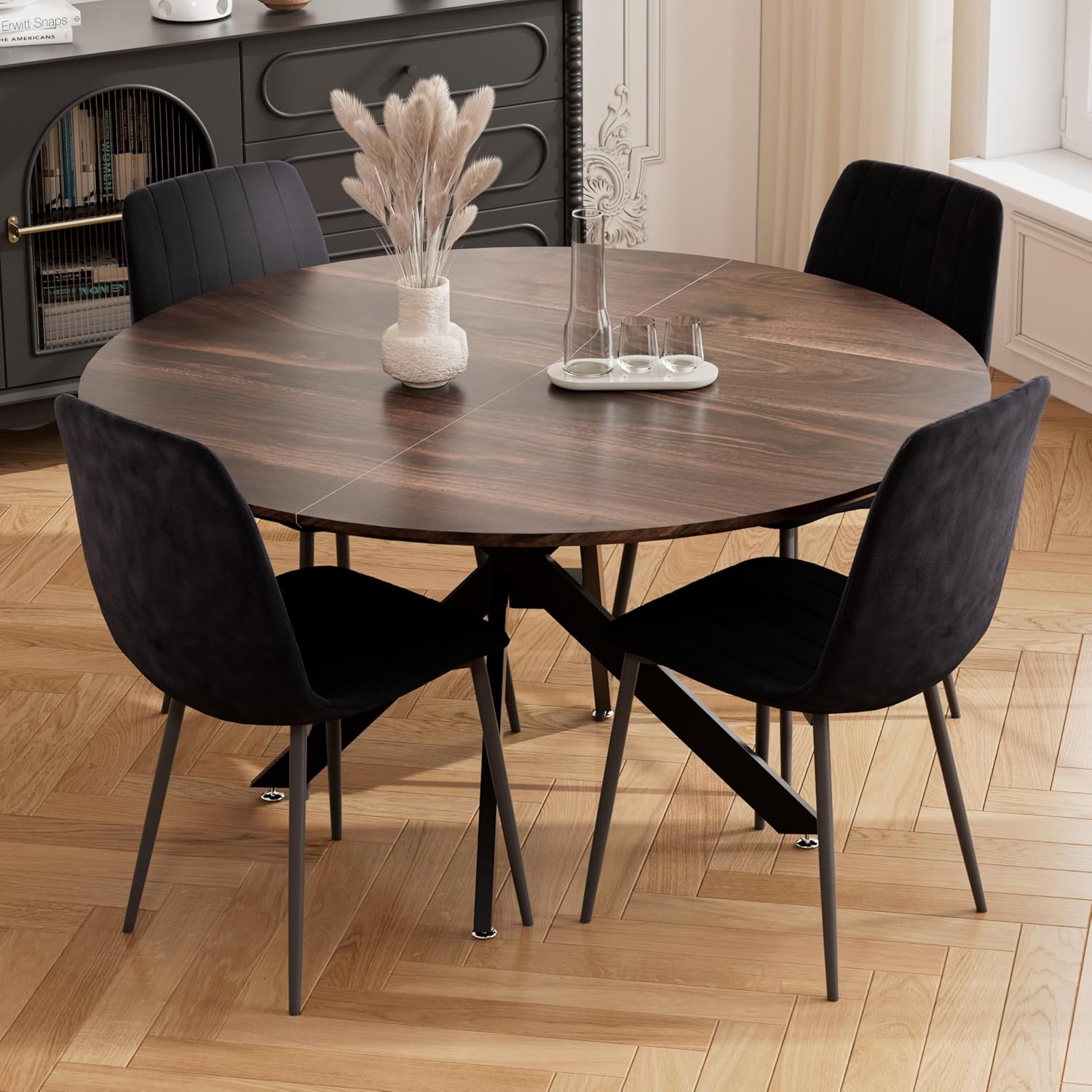 RGZ 47' Round Table Set for 4, 5 PCS Modern Wooden Circle Dining Table for 2-4, Walnut Round Dining Table with Steel Legs & 4 Black Velvet Upholstered Chairs for Dining Room, Living Room, Kitchen
