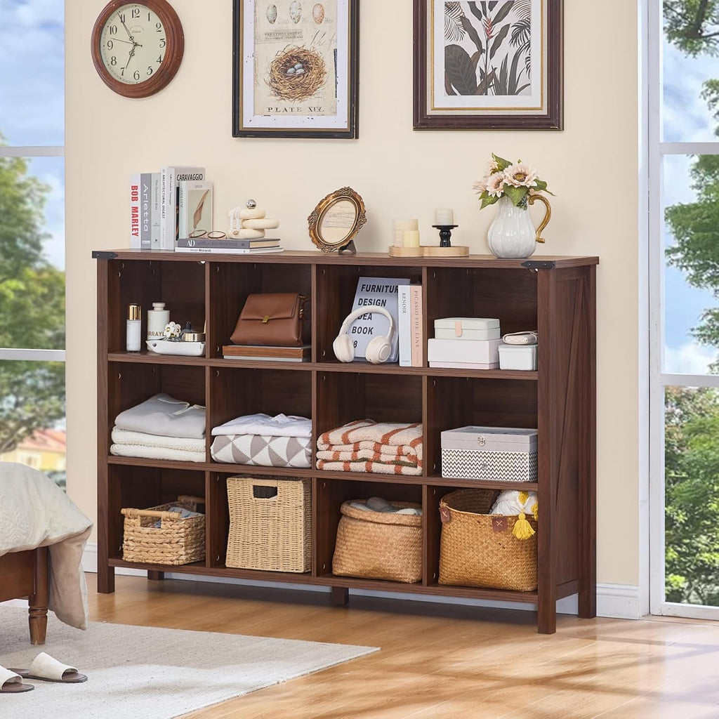 Joaxswe 12 Cube Storage Organizer, Farmhouse 62 Inch Wide Brown Walnut Display Bookshelf, Wooden 3 Tier Large Open Book Shelf, Vintage Bookcase for Home Office, Cubby Cabinet for Living Room, Office