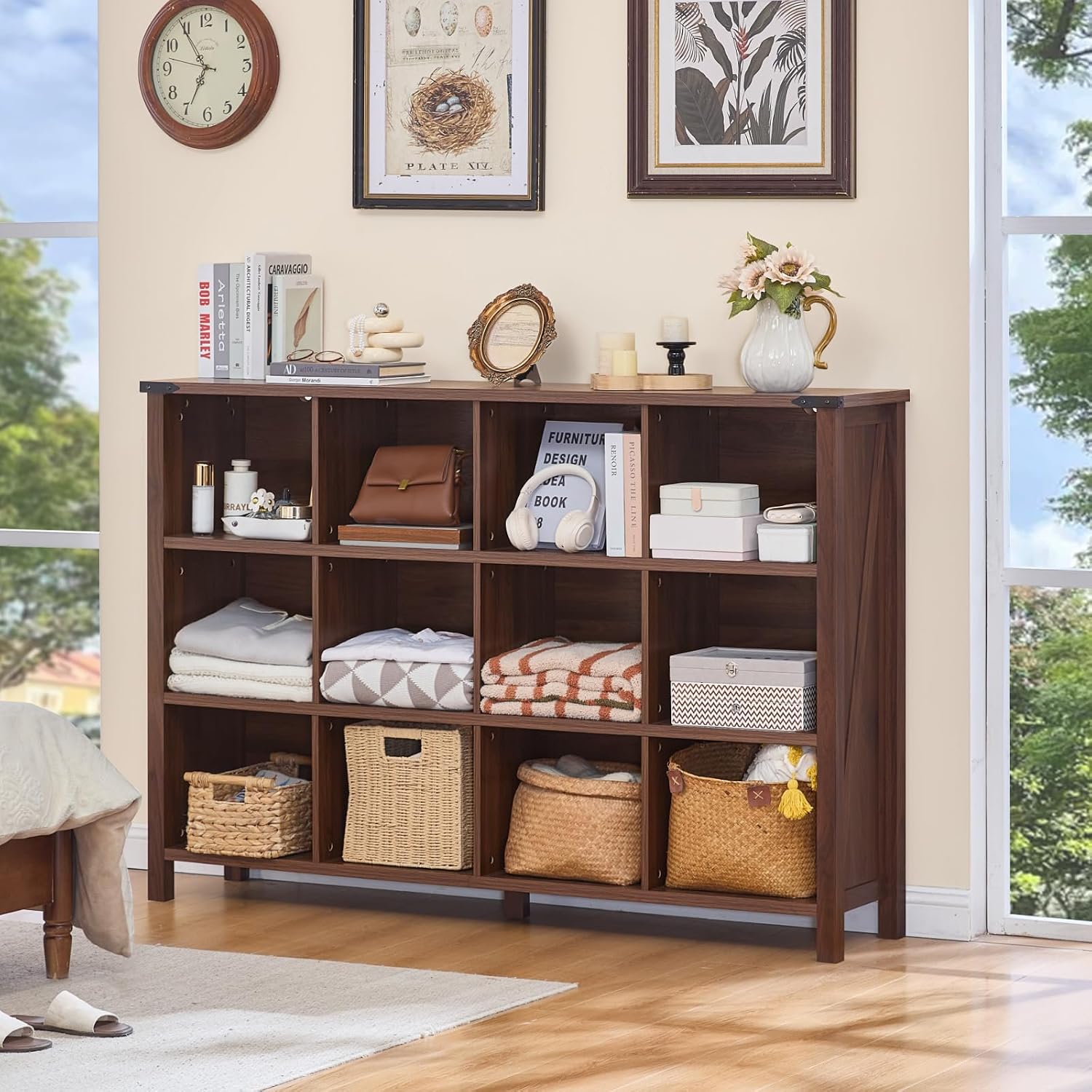 Joaxswe 12 Cube Storage Organizer, Farmhouse 62 Inch Wide Brown Walnut Display Bookshelf, Wooden 3 Tier Large Open Book Shelf, Vintage Bookcase for Home Office, Cubby Cabinet for Living Room, Office