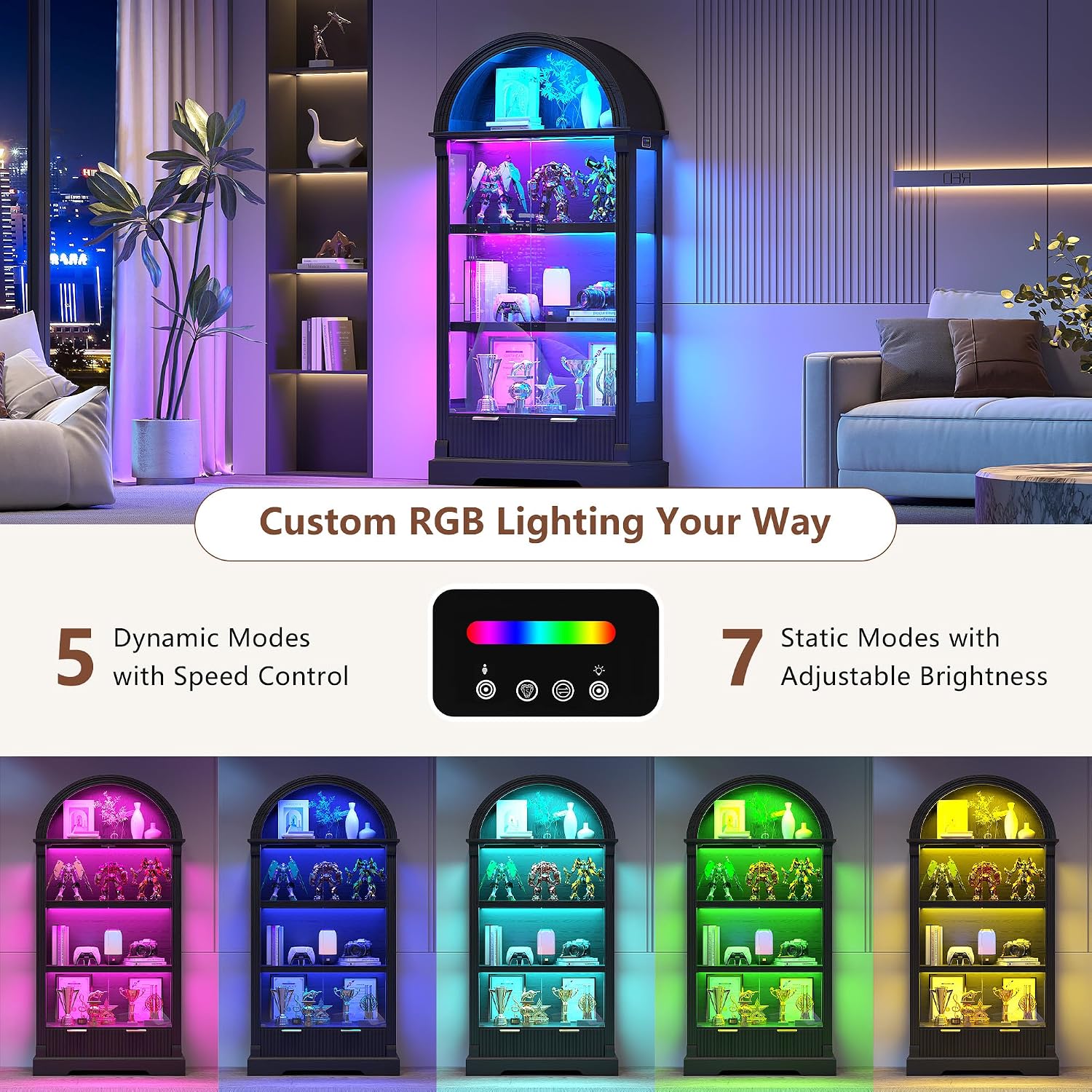 Dystler Curio Cabinet with RGB Lights, 72' Tall Arched Display Cabinet with Glass Doors, 4-Tier Large Shelf Display Case for Collectibles Bookcase Living Room, Black
