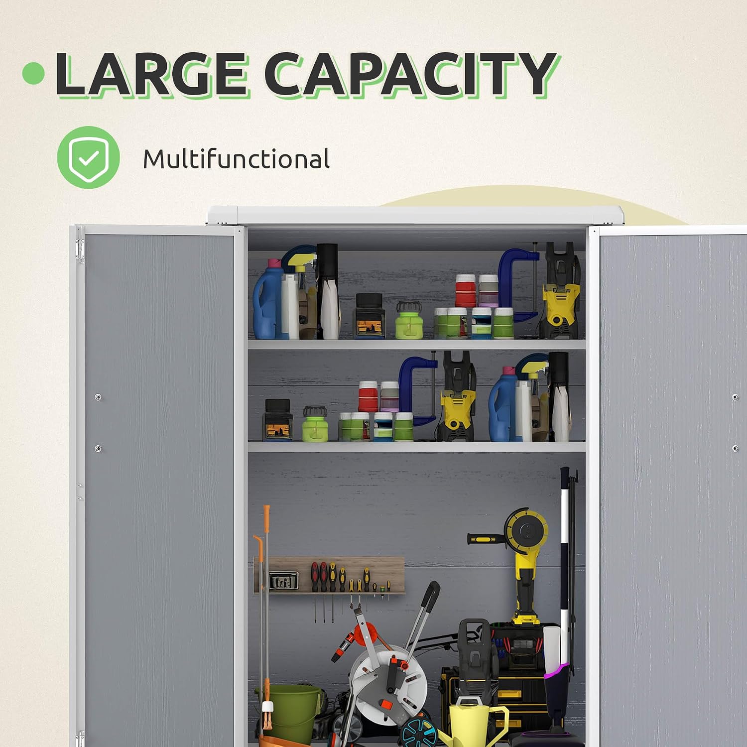 GOOBED Outdoor Storage Shed with 2 Adjustable Shelves, 49 Cu Ft Waterproof Vertical Garden Tool Shed with Lockable Door, Plastic Tall Tool Cabinet for Backyard Garden Patio Lawn, Gray