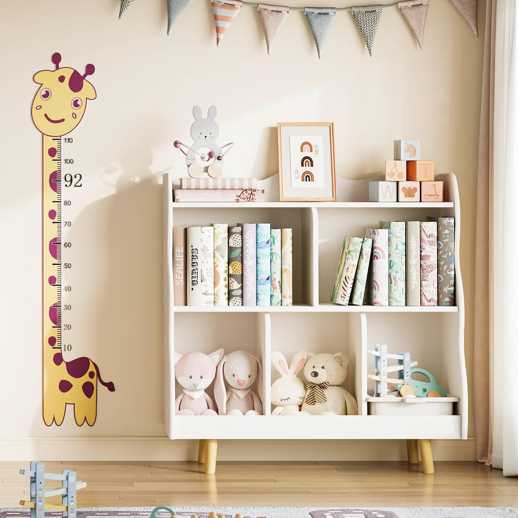 Treocho Kids Bookshelf and Toy Storage Orangizer, 3-Tier Wooden Children's Bookcase with Curve Design, 5 Cubbies Toy Storage Cabinet Display with Legs for Children's Room, Playroom, School, White