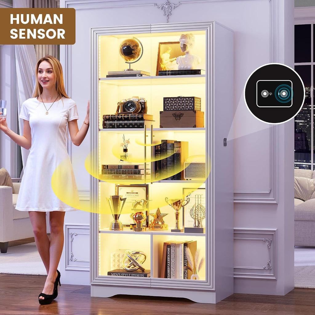 LVSOMT Display Cabinet with Glass Doors and Adjustable Shelves, 65' Tall Bookcase with LED Lights and Human Sensor, 5 Tier Display Case for Collectibles with Storage, Home Office Living Room, White