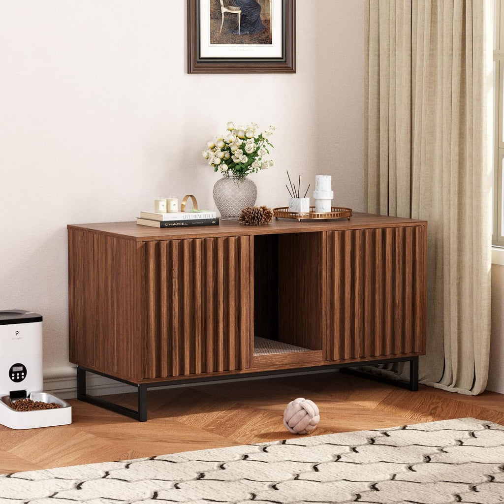 Halitaa Double Litter Box Enclosure,Modern Cat Litter Box Enclosure for 2 Cats, Hidden Litter Box with Cat Scratch Pad, Cat Washroom Cat House End Table, Entryway Bench for Livingroom (Brown)