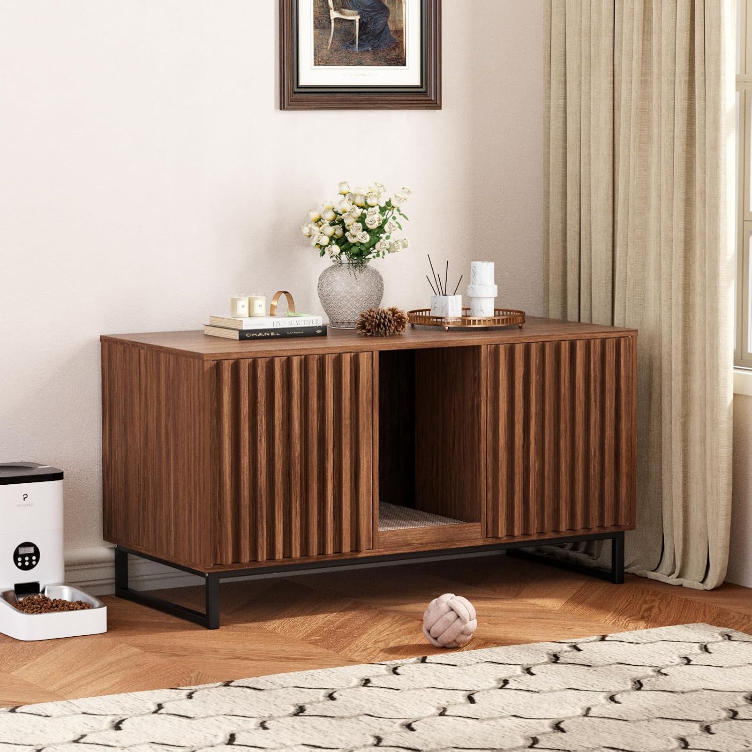 Halitaa Double Litter Box Enclosure,Modern Cat Litter Box Enclosure for 2 Cats, Hidden Litter Box with Cat Scratch Pad, Cat Washroom Cat House End Table, Entryway Bench for Livingroom (Brown)