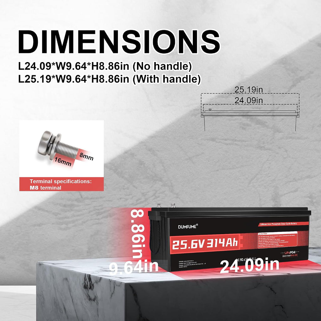 24V 314Ah LiFePO4 Lithium Battery with 200A BMS 15000+ Deep Cycle Solar Battery, 300ah Lithium Battery, IP65 & Low Temp Protection 8kWh Energy for RV, Off-Grid, Home Energy Storage