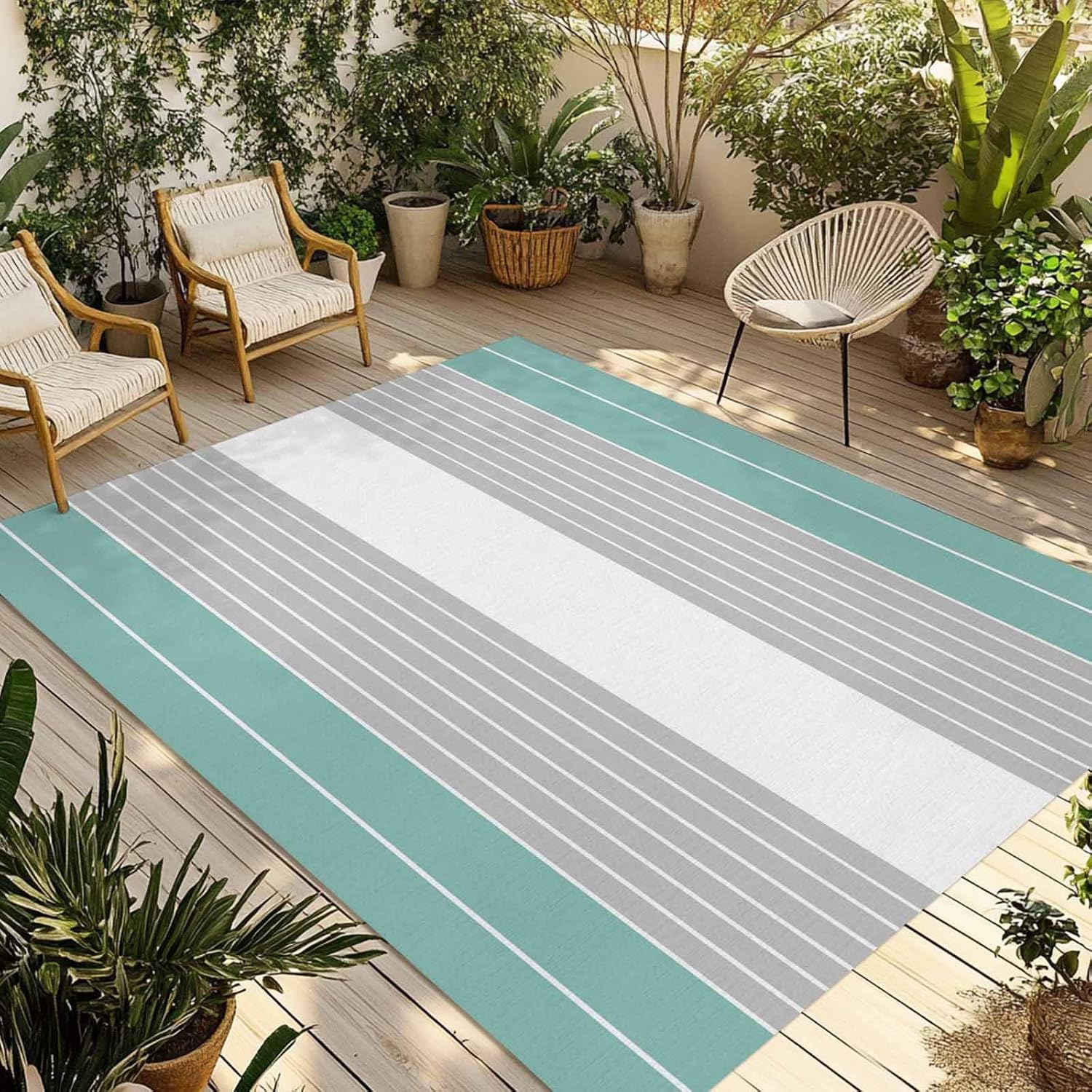 Outdoor Rug 4x6ft Turquoise Grey Striped Line Patio Area Rugs Waterproof Easy Cleaning Non Shedding Thick Mats Carpet for Indoor Outdoor Porch Deck Backyard Balcony