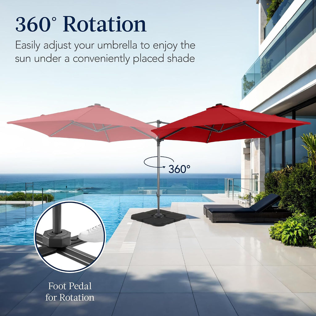 Best Choice Products 10ft Solar LED Offset Cantilever Hanging Market Patio Umbrella, Smooth 360° Rotation, 8 Sturdy Ribs, Easy Adjustment - Red