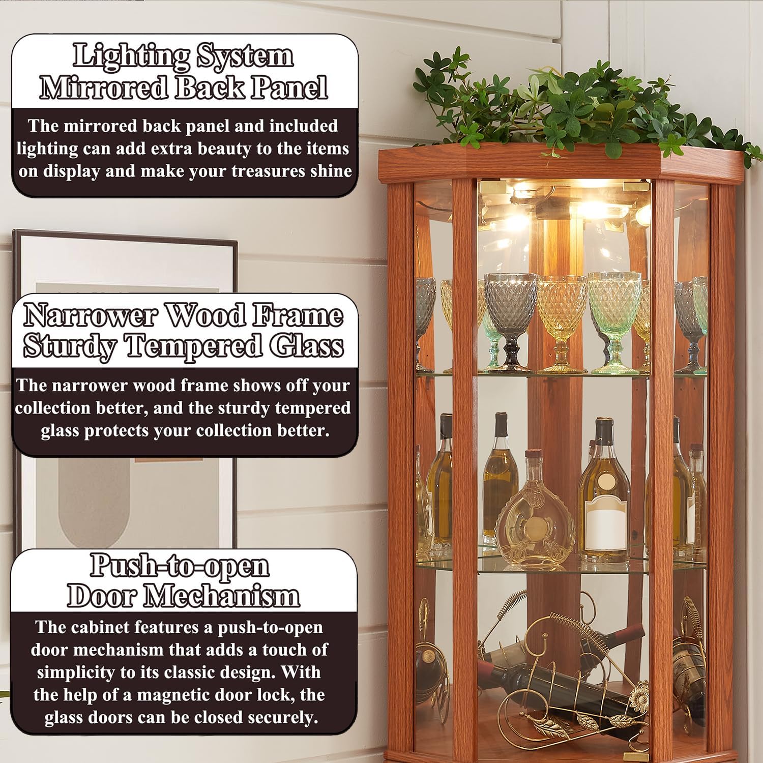 69' H Lighted Corner Display Cabinet, 5-Tier Wooden Curio Glass Cabinet with Adjustable Shelves & Glass Door, Corner Storage Display Case with Mirrored Back Pane for Living Room (Dark Oak)
