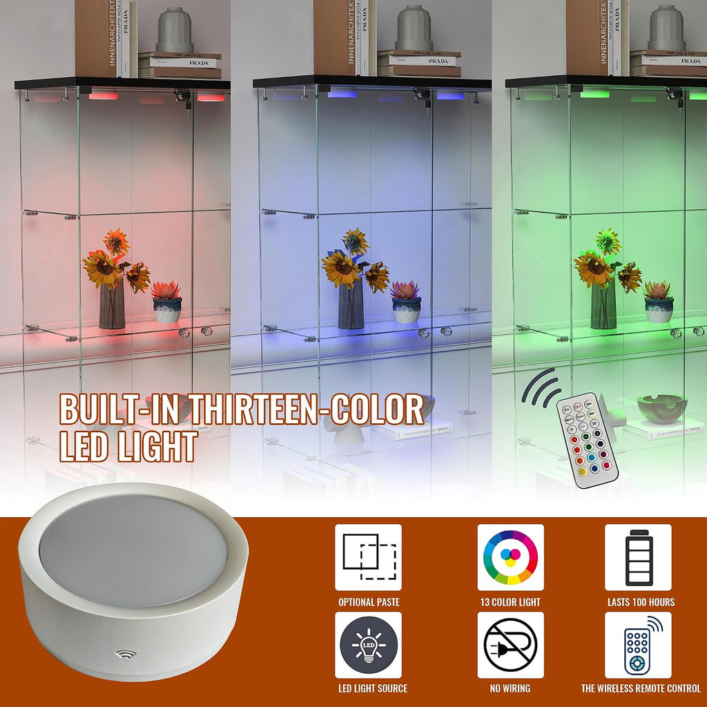 Modern Glass Display Cabinet with LED Light 4-Shelf Curio Cabinets with Rattan Drawer and Wheels,Tempered Glass Display Shelf Bookcase for Living Room Home Office