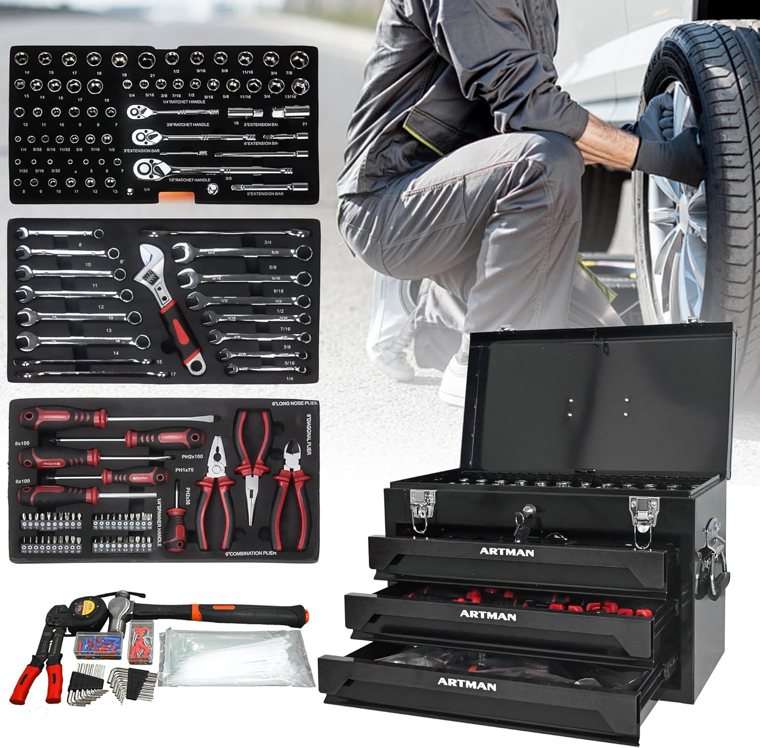 20' Portable Tool Box with Key Lock, 439 Piece Mechanics Tool Set, 3 Drawers & Top Storage Tray Toolbox with Metal Latches & Carrying Handle for Garage, Warehouse, Repair Shop & Home (Black)