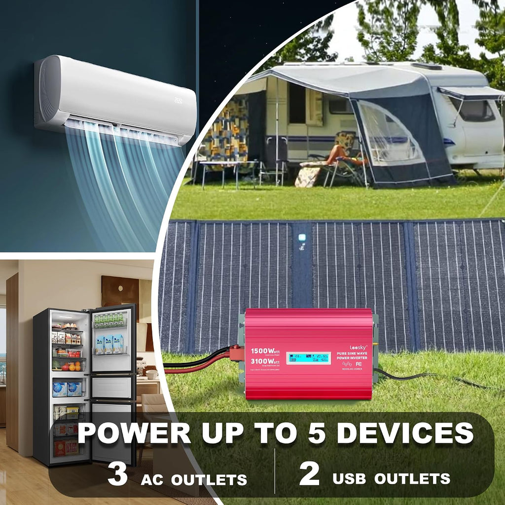 1500 Watt Pure Sine Wave Inverter 12V to 110V 120V AC 3100W Surge Peak Power for 2 Seconds Remote Control PD36W USB-C Compatible with Lithium Battery Starlink for Off-Grid Solar RV Car Home LEESKY