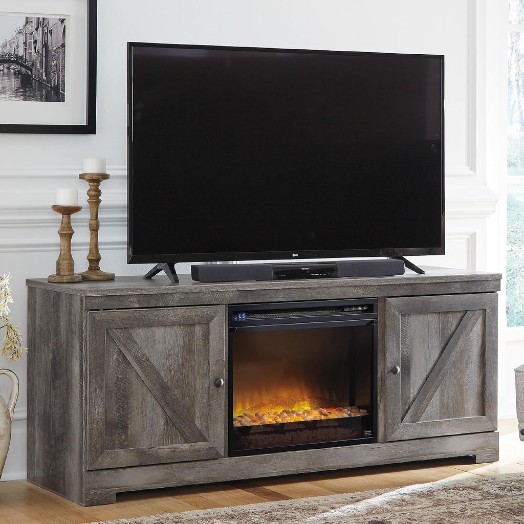 Signature Design by Ashley Wynnlow Farmhouse 63' TV Stand for TVs up to 72' with Electric Fireplace, Light Gray