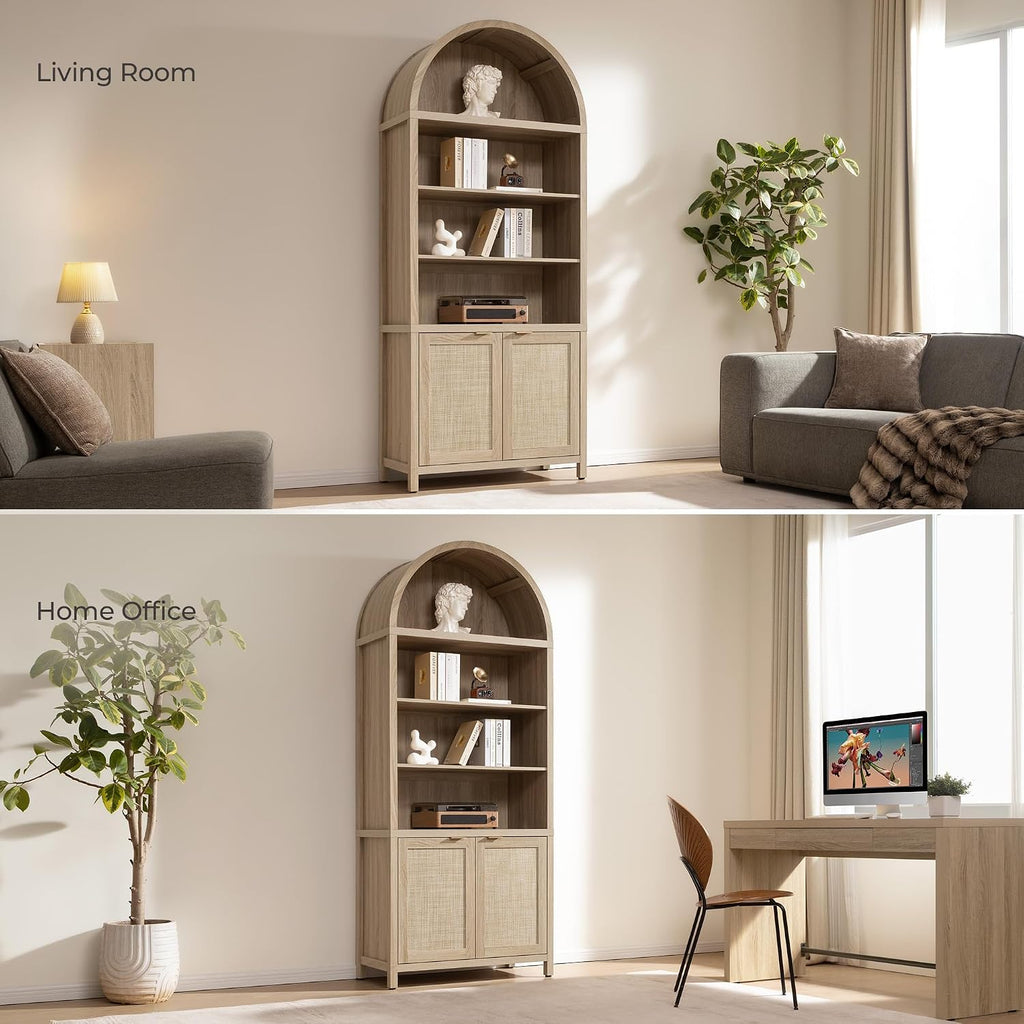 SICOTAS Book Shelf Arched Cabinet Bookshelf Arch 84.2' Tall Bookcase 5 Tier Large Bookshelves with Doors Storage Rattan Boho Wide Book Shelves Case for Living Room Kitchen Office Bedroom Library