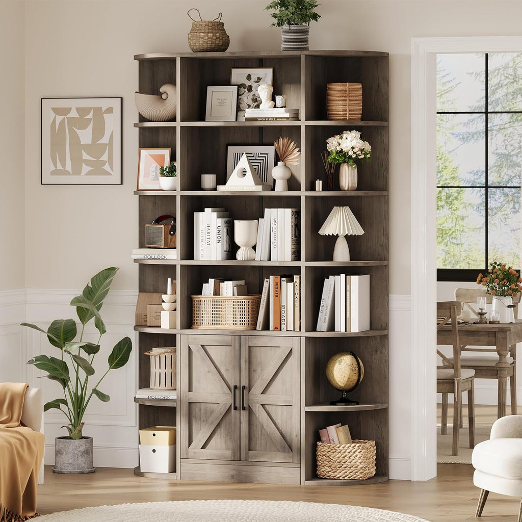 IDEALHOUSE 75in Tall Bookshelf with Storage, 6-Tier 47' Wide Modern Farmhouse Standing Bookcase Cabinet Display Shelf Organizer for Home Office Living Room Bedroom, Grey