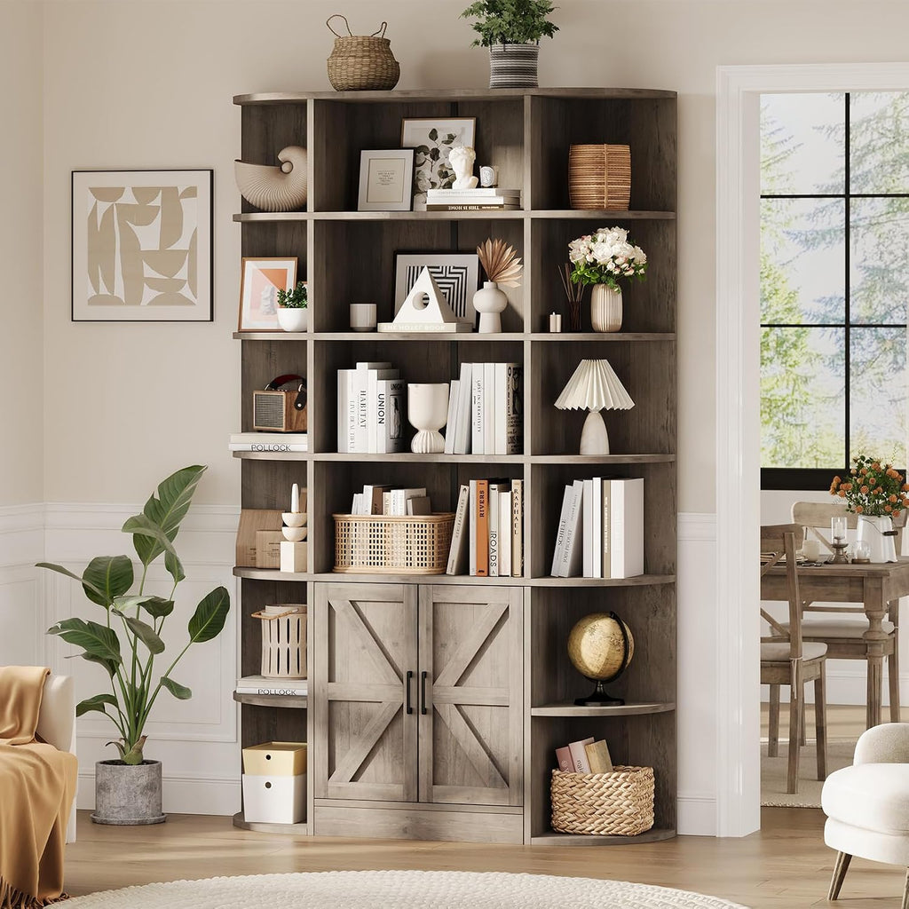 Garvee 75in Tall Bookcase with Storage Cabinet, 6-Tier Wide Floor Bookshelf with Doors, Modern Wooden Standing Display Shelf Organizer for Home Office Living Room Bedroom, Grey