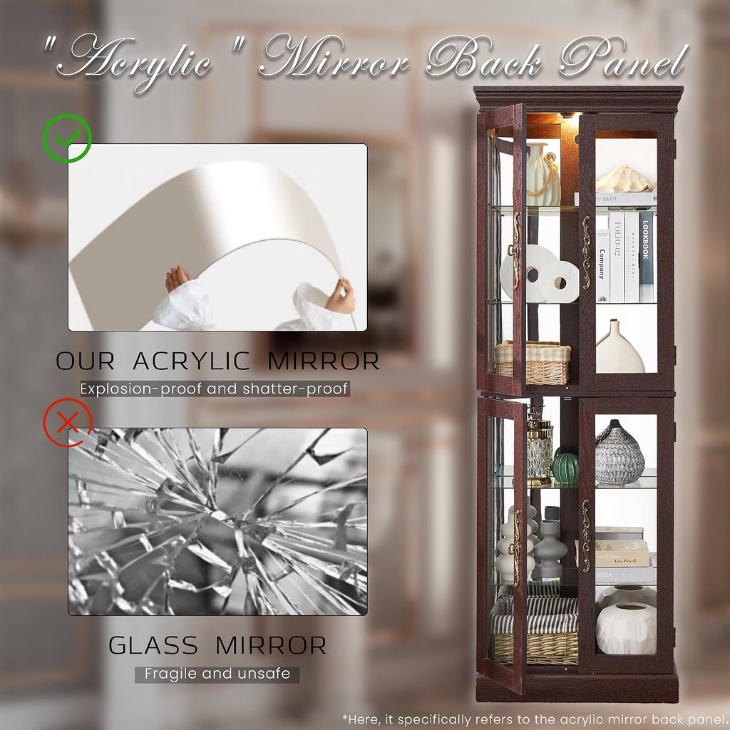71' Lighted Curio Cabinet with 6 Adjustable Shelves, Vintage Glass Display Case, Tempered Glass Doors, Tall Wine Bar Cabinet for Living Room Liquor Storage, Bulb Included