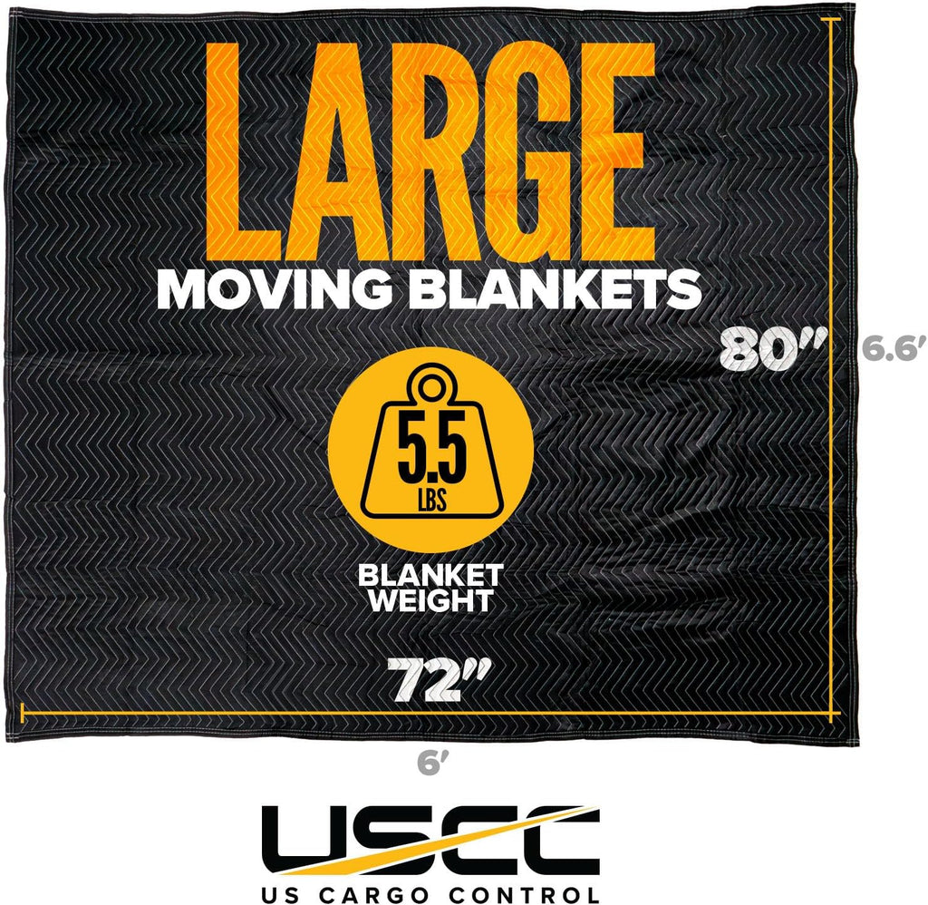 US Cargo Control Moving Blankets 72'x80' 12-Pack, (65 lbs/doz weight), Heavy Duty Packing Blankets for Moving Furniture, Shipping, and Storage, Black Quilted Furniture Pads, MBDELUXE Econo Deluxe