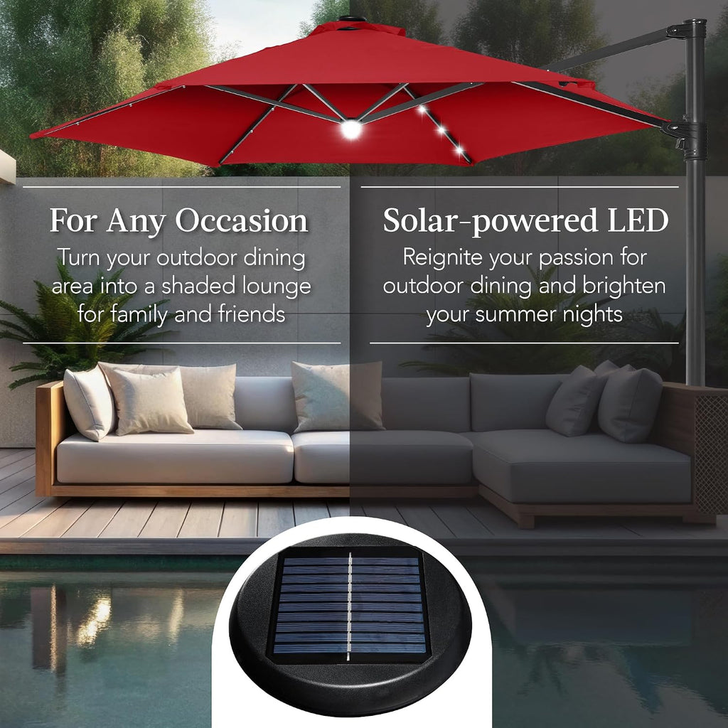 Best Choice Products 10ft Solar LED Offset Cantilever Hanging Market Patio Umbrella, Smooth 360° Rotation, 8 Sturdy Ribs, Easy Adjustment - Red