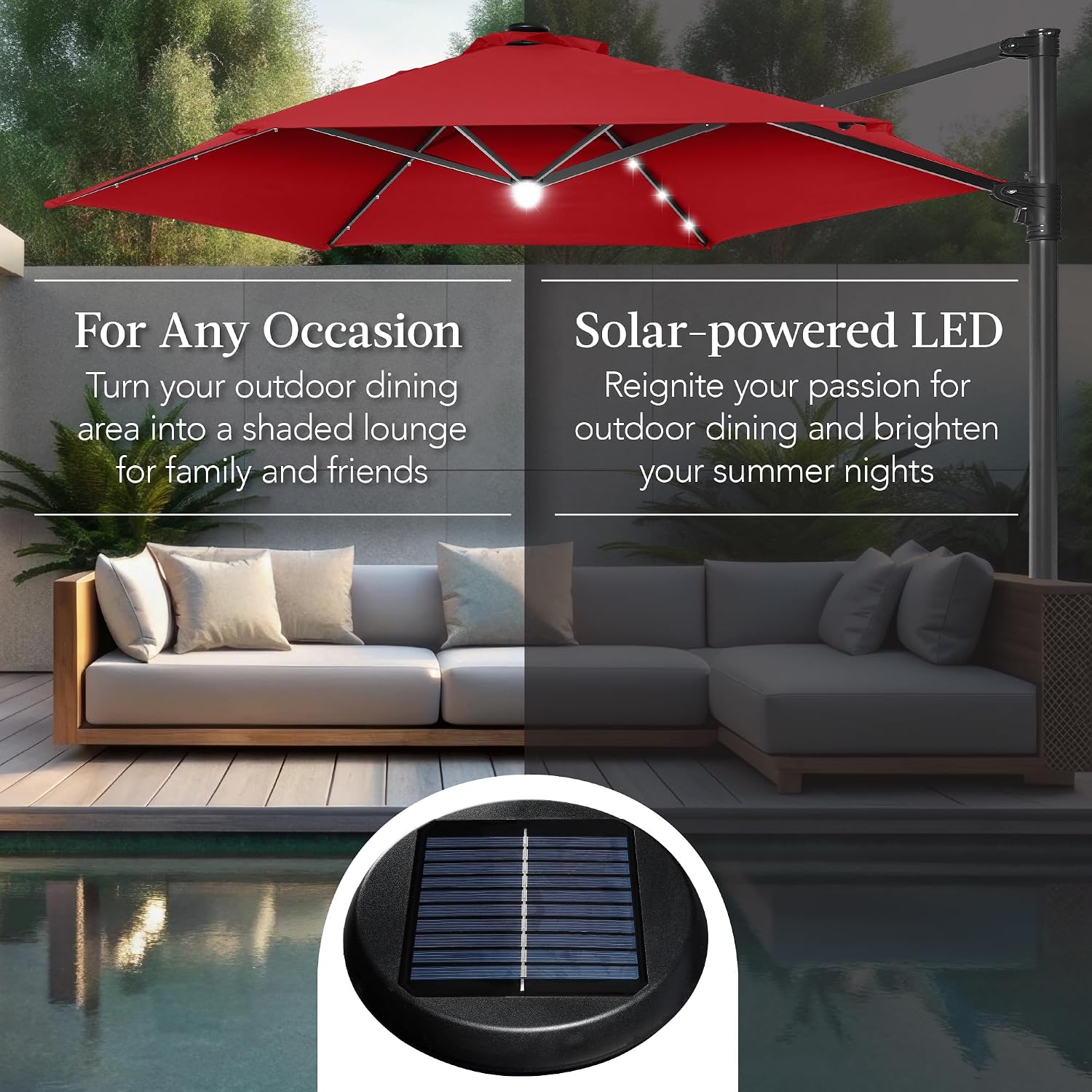 Best Choice Products 10ft Solar LED Offset Cantilever Hanging Market Patio Umbrella, Smooth 360° Rotation, 8 Sturdy Ribs, Easy Adjustment - Red