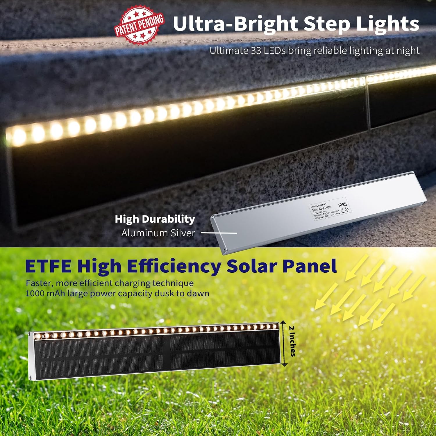 SHONELIGHTING Solar Step Lights for Outside, 33 Focused-Beam High-Brightness LEDs, Waterproof Aluminum Outdoor Stair Light for Risers, Curbsides, Poolsides, Planter Edges (Warm White, 6Pack)