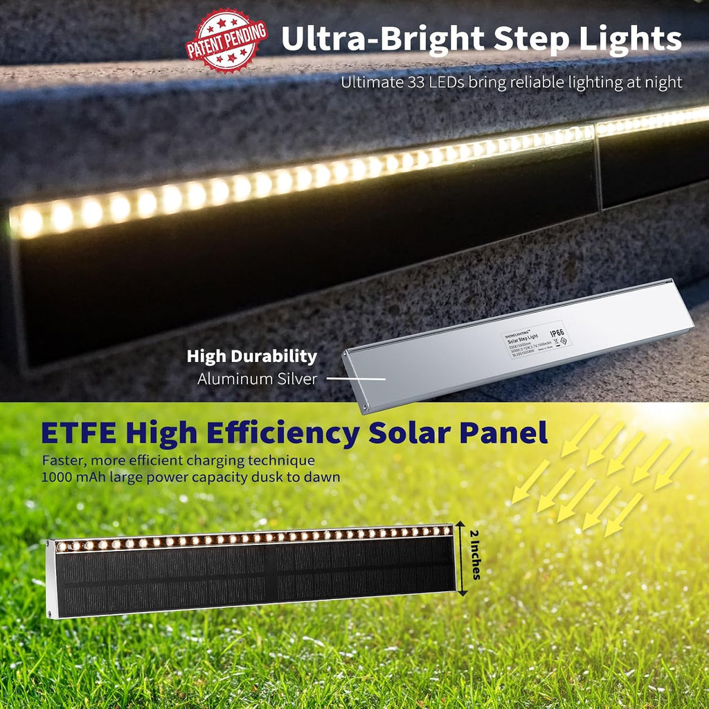 SHONELIGHTING Solar Step Lights for Outside, 33 Focused-Beam High-Brightness LEDs, Waterproof Aluminum Outdoor Stair Light for Risers, Curbsides, Poolsides, Planter Edges (Warm White, 12Pack)