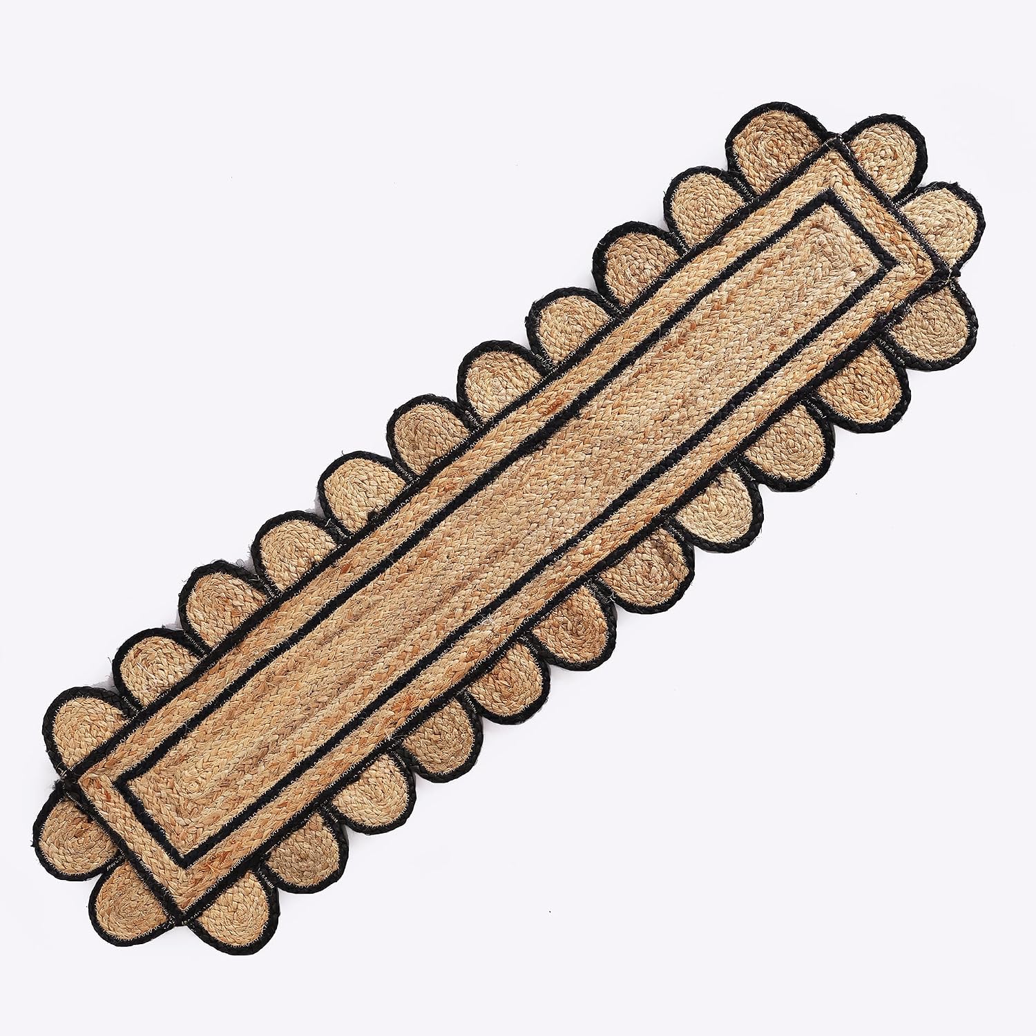Pack of 2 Handmade Hand Braided Natural with Black Jute Scalloped Shape Eco-Friendly Table Runner-Runner for Dining Table Rug-13 x 120 Inch