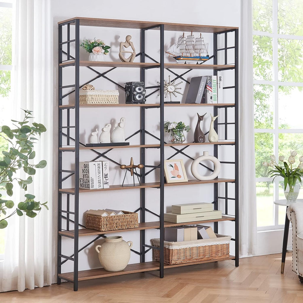 HOMISSUE Bookshelf, Industrial Double Wide 7-Tier Bookshelves, 84' Tall Bookcase with Open Shelves, Heavy Duty Bookcases with Storage for Living Room Home Office, Rustic Brown