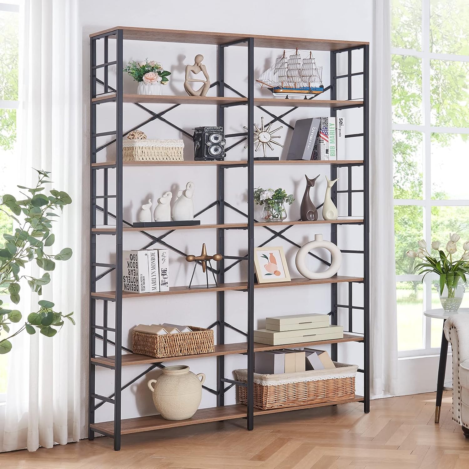 HOMISSUE Bookshelf, Industrial Double Wide 7-Tier Bookshelves, 84' Tall Bookcase with Open Shelves, Heavy Duty Bookcases with Storage for Living Room Home Office, Rustic Brown