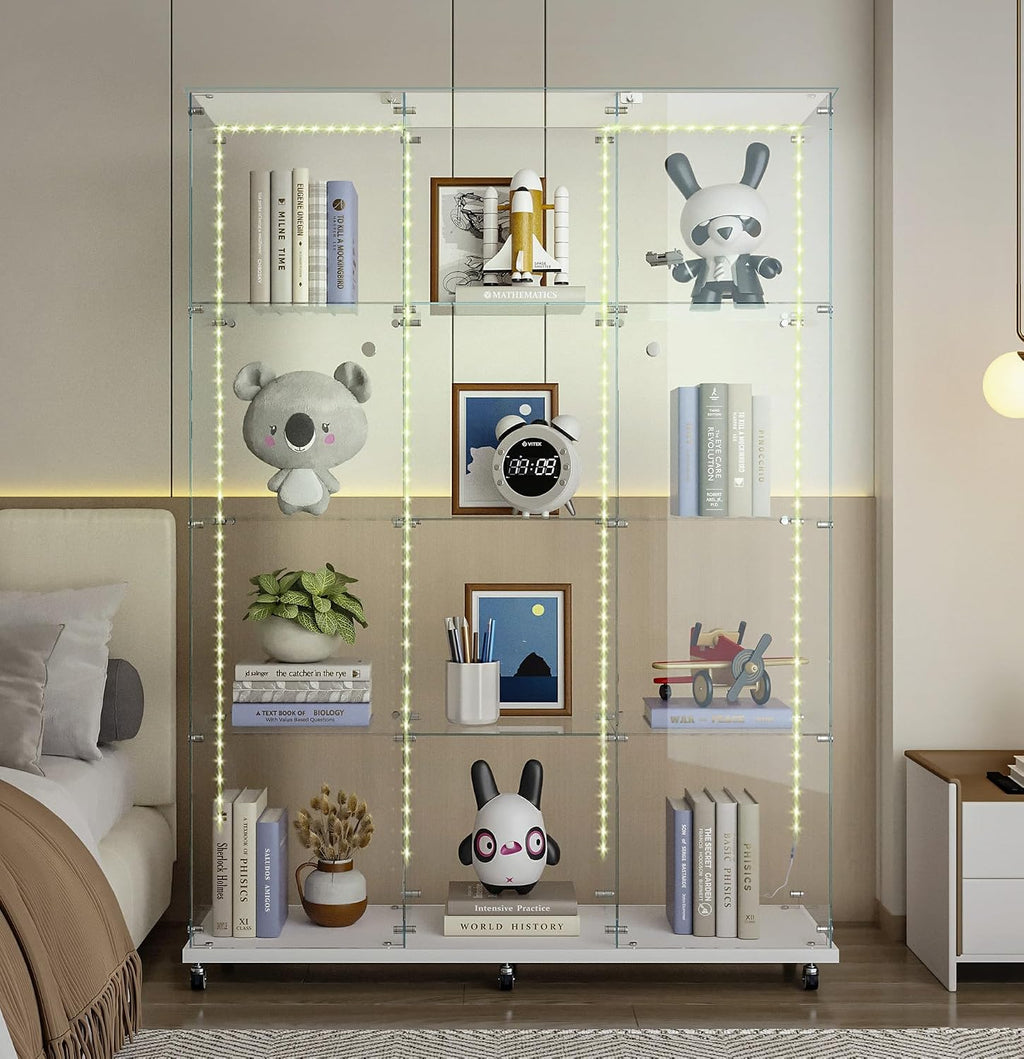Modern Glass Display Cabinet 12-Shelf with LED Light,Lock and Wheels, 2 Door Curio Cabinets,Tempered Glass Collection Display Showcase for Living Room Home Office,46.8x13.5x64.8 H,White