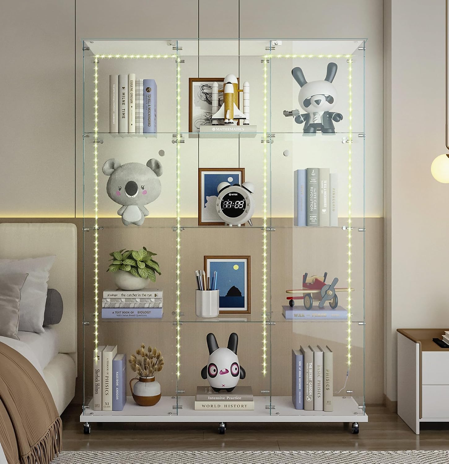 Modern Glass Display Cabinet 12-Shelf with LED Light,Lock and Wheels, 2 Door Curio Cabinets,Tempered Glass Collection Display Showcase for Living Room Home Office,46.8x13.5x64.8 H,White