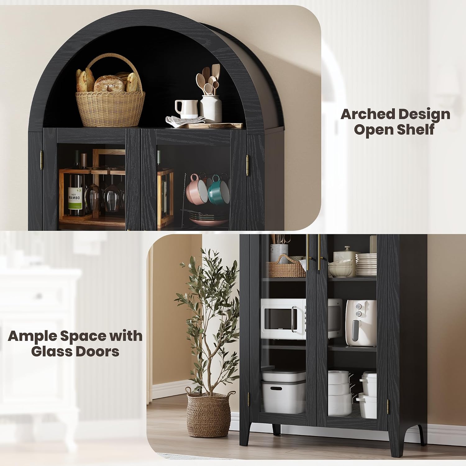 IDEALHOUSE Arched Kitchen Pantry Storage Cabinet - Farmhouse 5-Tier Display Shelf with 2 Large Glass Doors and Adjustable Shelf, Versatile Cupboard for Kitchen, Dining Room, Living Room, Black