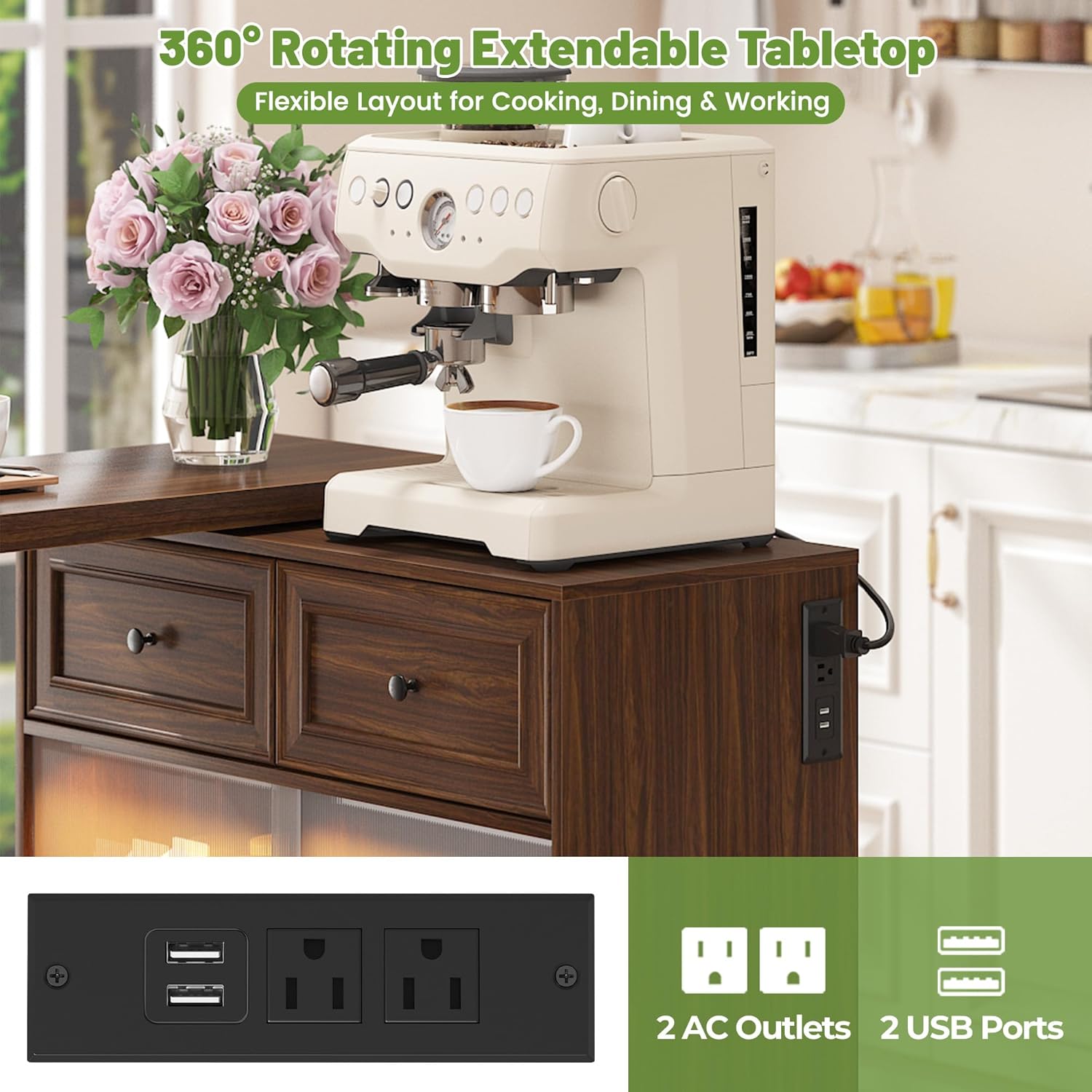 69' Kitchen Island with 360° Rotating Table, Bluetooth Speakers, LED Lighting, Adjustable Shelves, Storage Cabinet & Power Outlet – Walnut Finish Extendable Dining Table for Kitchen, Dining Room, Bar