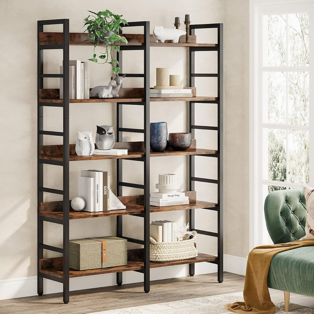 Tribesigns 5-Tier Industrial Bookshelf, 71'H x 47'W Etagere Bookcase, Freestanding Double Wide Book Shelf for Storage and Display, Wood and Metal Bookshelves for Living Room Home Office, Rustic Brown