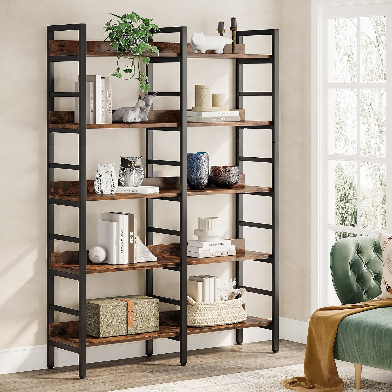 Tribesigns 5-Tier Industrial Bookshelf, 71'H x 47'W Etagere Bookcase, Freestanding Double Wide Book Shelf for Storage and Display, Wood and Metal Bookshelves for Living Room Home Office, Rustic Brown