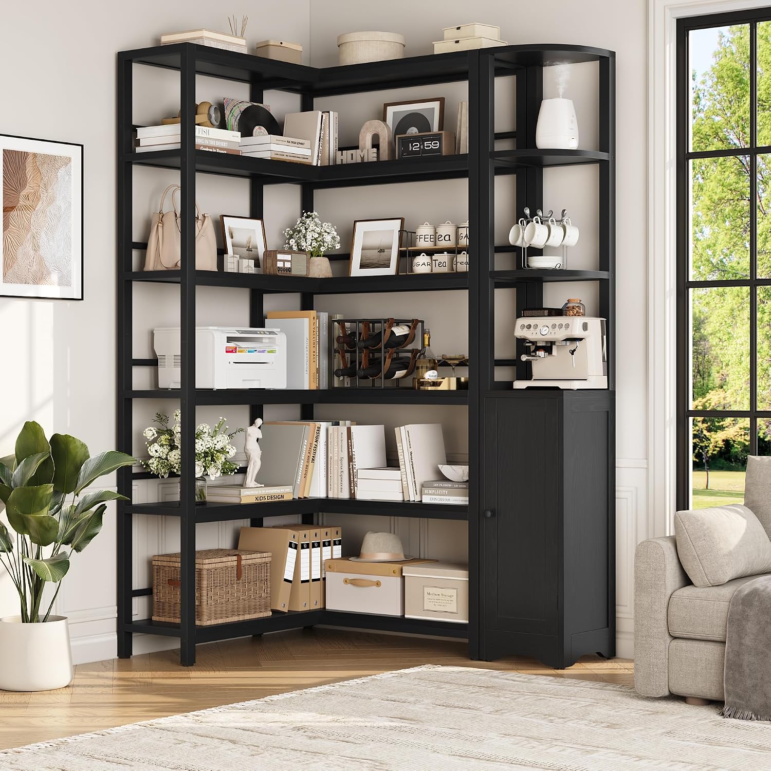 Keyluv Black Corner Bookshelf 72' Tall Corner Book Shelves Cases 2 Pieces Open Bookcase Large Storage Display Shelf Standing 6 Tier Shelving Unit with Cabinet for Home office Living Room, Wood & Metal